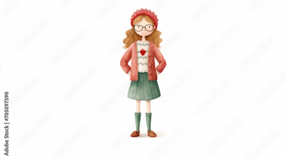 Cute character girl watercolor illustration in Christmas style on white background. Red and green colors.