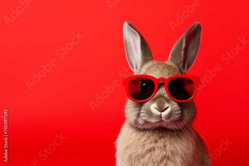 Obraz na płótnie Happy Easter. Cute Easter bunny with red sunglasses and suit on the red background w salonie