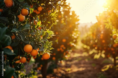 Orange tree plantation on a sunny day  generative ai
