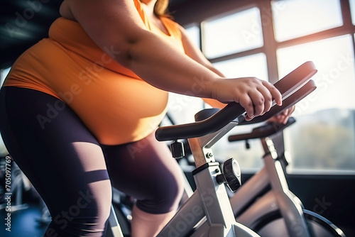 Part of fat woman cycling on an indoor gym