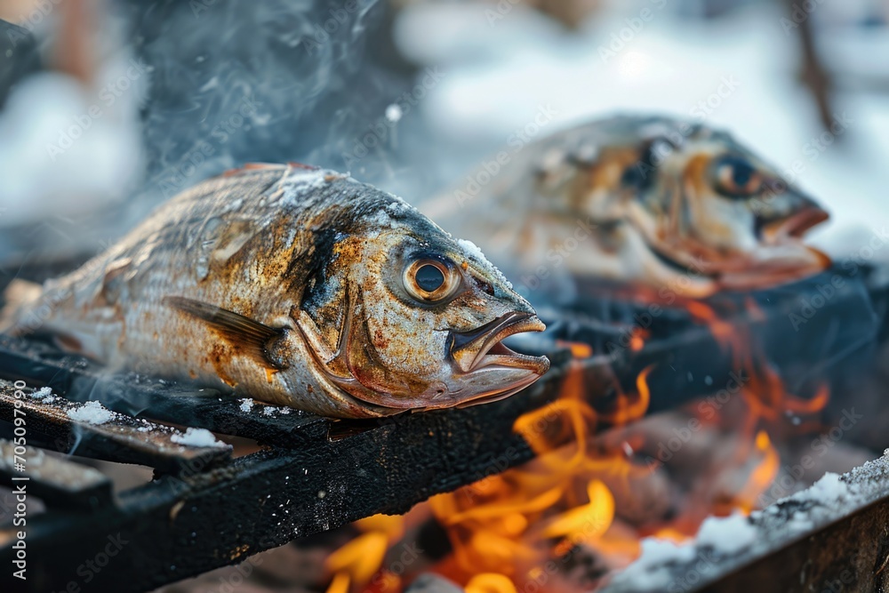 A couple of fish sitting on top of a grill. Perfect for seafood lovers and outdoor cooking enthusiasts