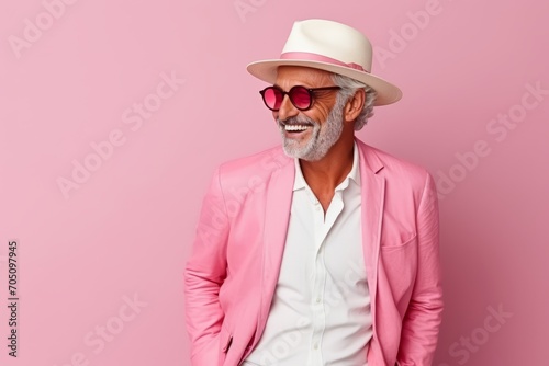 Portrait of a stylish senior man in pink suit and white hat