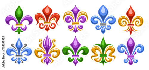 Naklejka na ścianę Vector Fleur de Lis set, horizontal banner with collection of 10 cut out illustrations of different colorful fleur de lis lily flowers, group of many various antique art symbols on white background