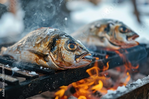 A couple of fish sitting on top of a grill. Perfect for seafood lovers and outdoor cooking enthusiasts © Fotograf