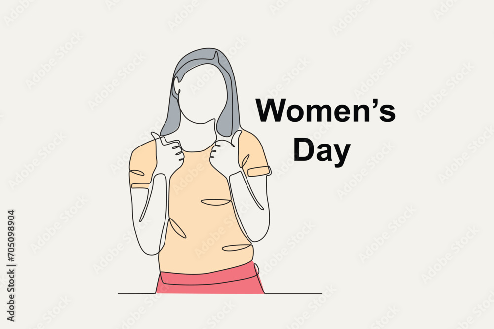 Color illustration of a woman giving an okay pose. Womens day one-line drawing Color illustration of a woman giving an okay pose. Womens day one-line drawing