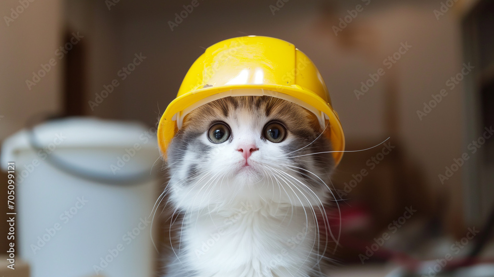 黄色い防災ヘルメットを被った遠くを見つめる猫、背景バケツが置かれている室内のボケ