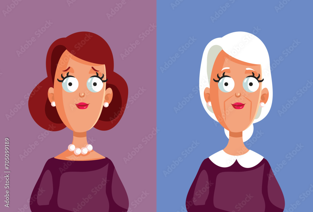 Young and Old Woman Comparison Vector Concept Illustration. Younger and older version of the same person conceptual illustration
Young and Old Woman Comparison Vector Concept Illustration. Younger and older version of the same person conceptual illustration