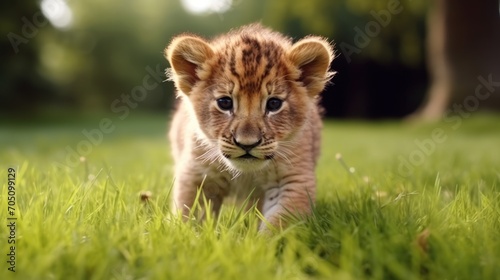 baby lion isolated on green grass