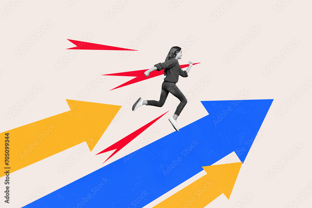 Obraz premium Creative trend collage of funny fast teen girl run fast arrows point up ukraine colors blue yellow freak bizarre unusual fantasy billboard