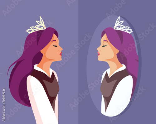 Vain Queen Looking in the Mirror Vector Character Design. Smug entitled evil princess checking her looks in a reflection 
