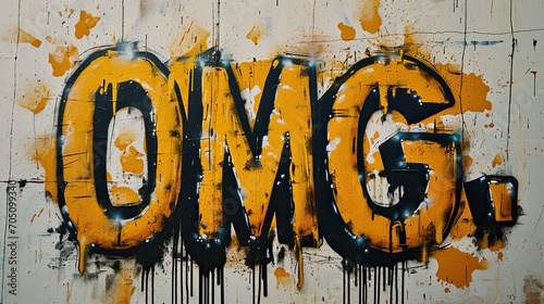 black yellow street graffiti on the wall, text in yellow paint OMG. banner