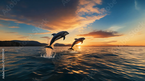 夕日/朝日に照らされた海をイルカ2頭がジャンプして泳ぐ幻想的な姿