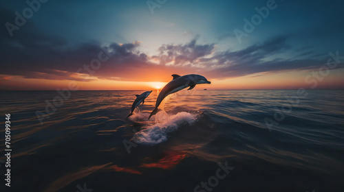 夕日/朝日に照らされた海をイルカ2頭がジャンプして泳ぐ幻想的な姿 © dont