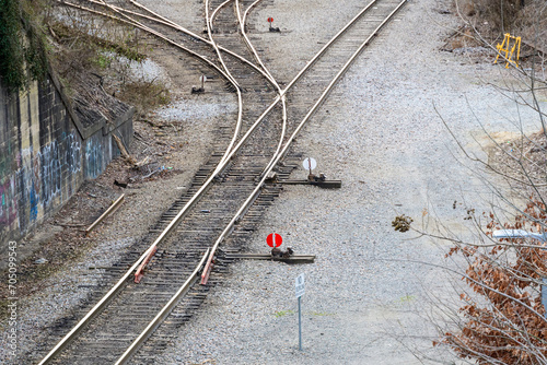 Train tracks and a railroad switcher on the south side of the James River in Richmond, Virginia 
 photo