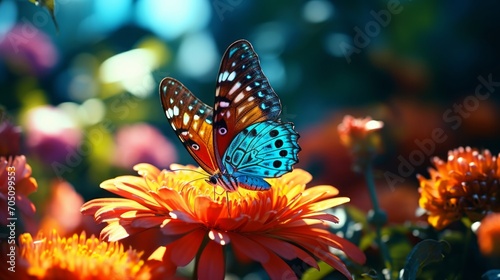 Butterfly alights delicately on a vibrant flower in a lush garden