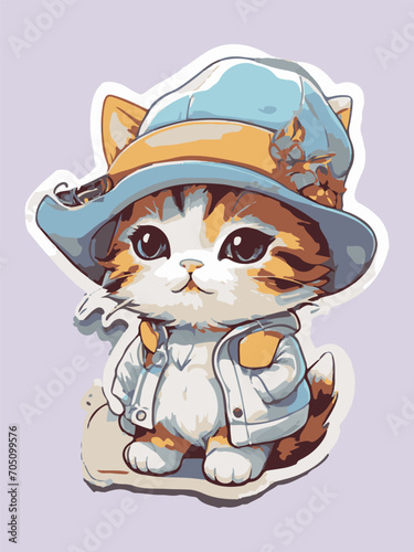 Cute cat stickers high quality colorful Detailed illustration of a cute cat wearing a hat.