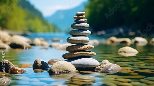 Smooth river stones stacked in a balanced formation beside a gentle stream