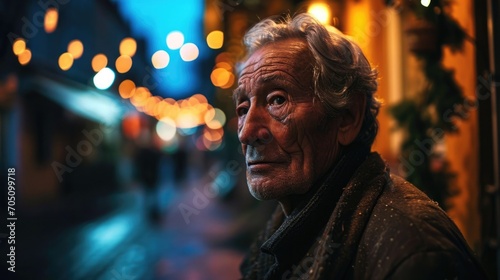 photo of an elderly man in night time outdoors.