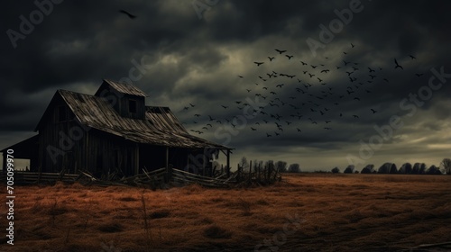 Creepy old barn with crows perched on the roof and a dark sky