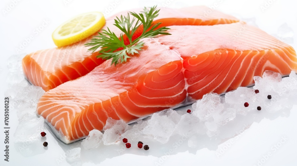 Raw salmon fillet, Closeup of fresh fish, lemon, herbs, ice cubes on white background. Healthy gourmet diet concept. Raw salmon fillet, Closeup of fresh fish, lemon, herbs, ice cubes on white background. Healthy gourmet diet concept.