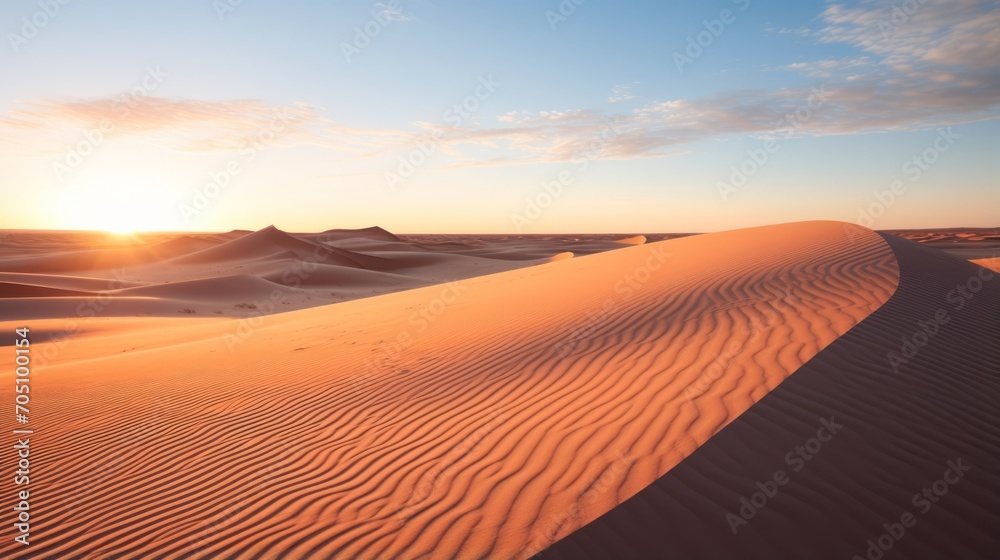 Desert dunes casting long shadows as the sun sets in the distance