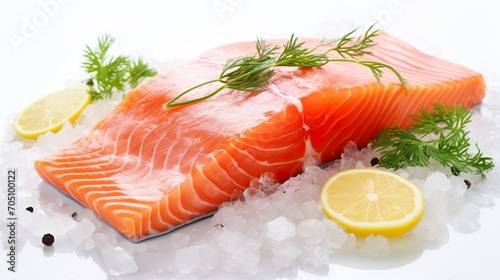 Closeup of fresh raw salmon fillet, lemon, herbs, ice cubes on white background. Healthy diet concept.