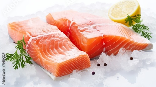 Closeup of fresh raw salmon fillet, lemon, herbs, ice cubes on white background. Healthy diet concept.