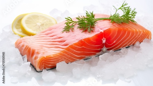 Raw salmon fillet, Closeup of fresh fish, lemon, herbs, ice cubes on white background. Healthy gourmet diet concept.