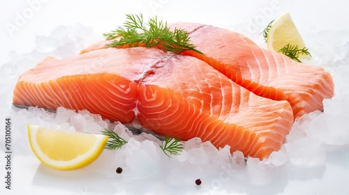 Raw salmon fillet, lemon, herbs, ice cubes on white background. Healthy diet concept.