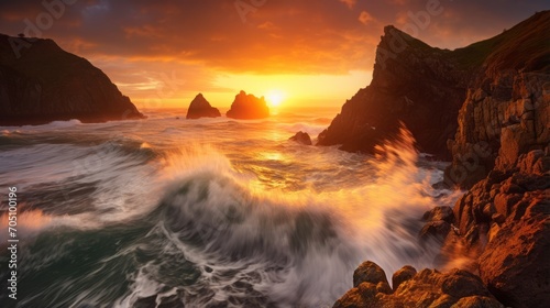Dramatic coastal cliffs with waves crashing under a stunning sunset