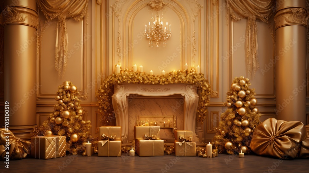 Elegant Christmas decor on a luxurious golden backdrop