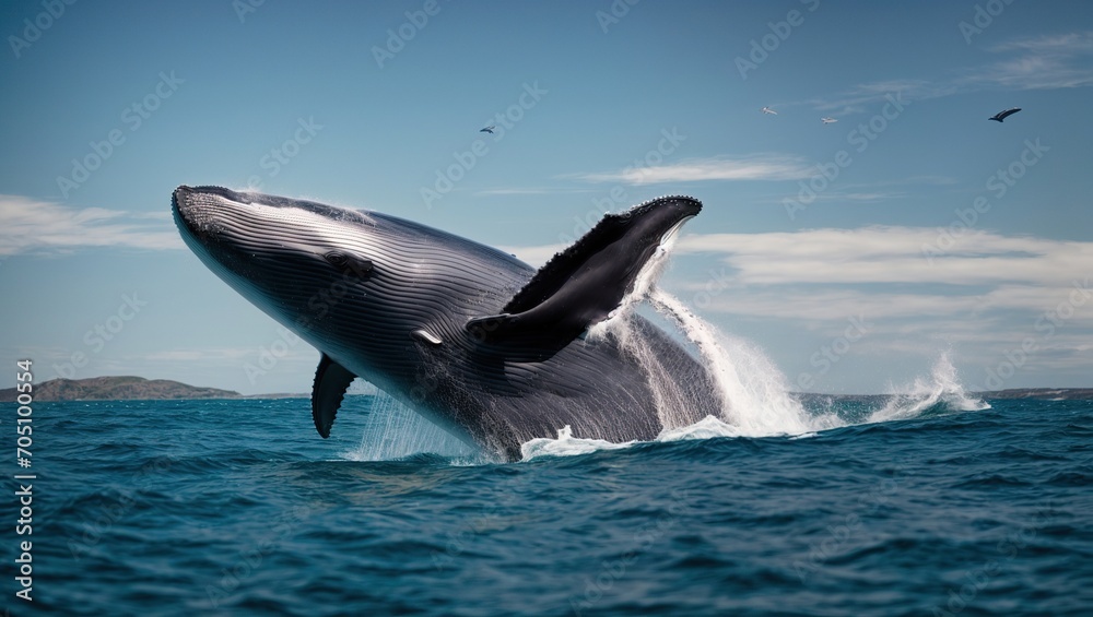 Fototapeta premium A magnificent young humpback whale effortlessly sways in the azure waves.