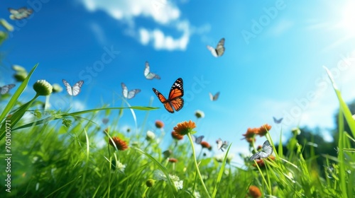 On a patch of green grass, there are twelve butterflies flying, Low angle view, low angle shot, Constructivism