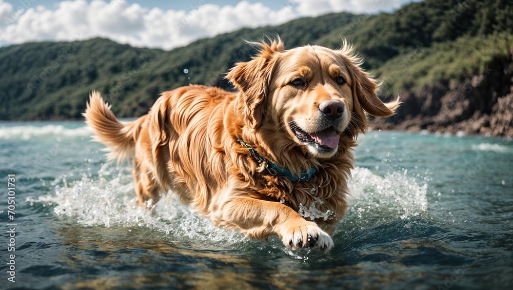 Swimming across pristine waters with grace is a magnificent golden retriever puppy.  