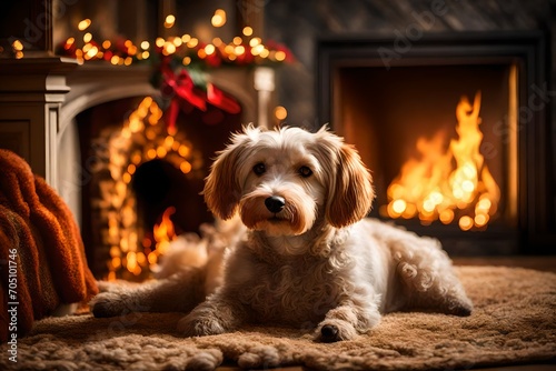 Create a heartwarming image of a dog peacefully resting on a plush carpet near the fireplace in a cozy interior.

