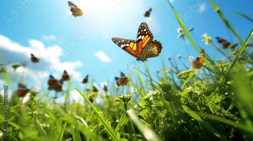 On a patch of green grass, there are twelve butterflies flying, Low angle view, low angle shot, Constructivism,