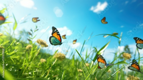 On a patch of green grass, there are twelve butterflies flying, Low angle view, low angle shot, Constructivism, © Sem