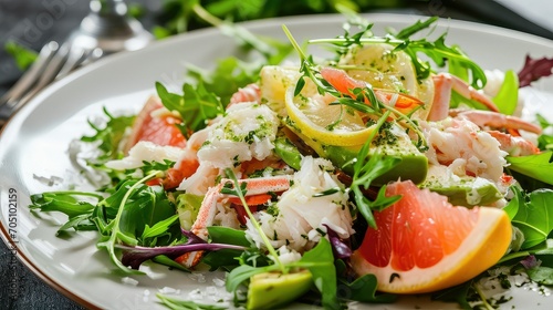Fresh salad featuring lump crab meat, avocado, grapefruit, and mixed greens, tossed in a lemon vinaigrette.