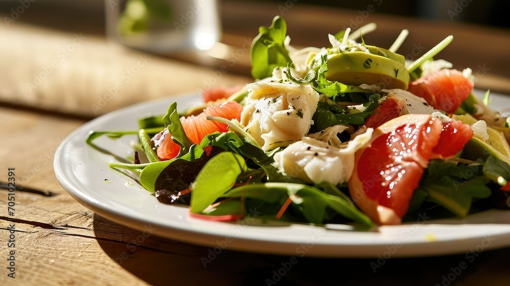 Close up fresh salad featuring lump crab meat, avocado, grapefruit, and mixed greens, tossed in a lemon vinaigrette. Close up fresh salad featuring lump crab meat, avocado, grapefruit, and mixed greens, tossed in a lemon vinaigrette.