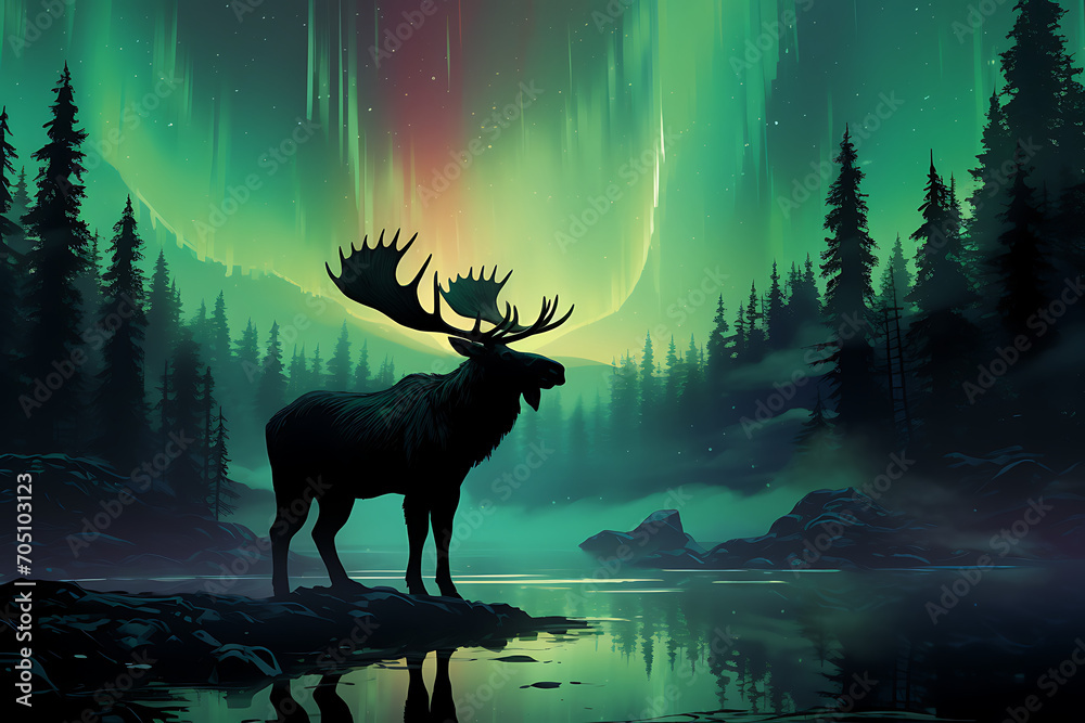 Aurora Borealis with Majestic Moose