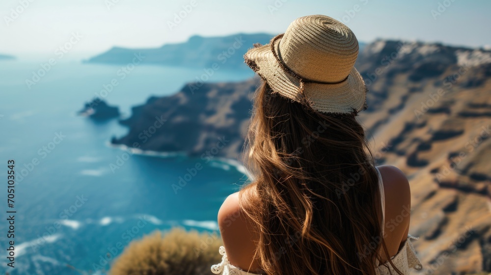 A woman wearing a hat gazing at the ocean. Perfect for travel brochures or lifestyle blogs