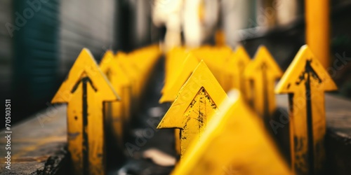 A row of yellow arrows sitting on top of a sidewalk. Can be used to represent direction, guidance, or a path photo