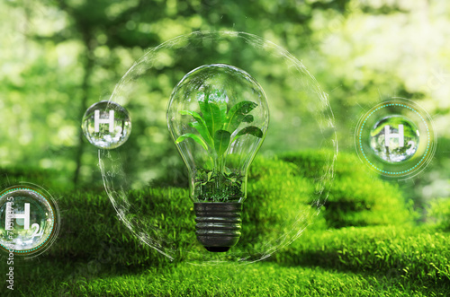 plant in bulp with bubble hydrogen energy and hydrogen power, zero emission concept, this picture is 3d illustration rendering