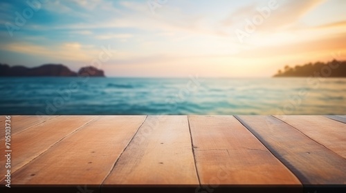 The empty wooden table top with blur background of sea on sunrise, Advertisement, Print media, Illustration, Banner, for website, copy space, for word, template, presentation © Space_Background