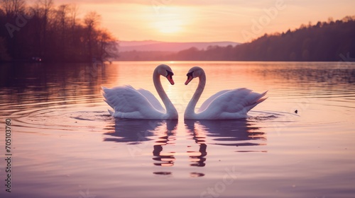 Fototapeta Naklejka Na Ścianę i Meble -  Two swans form a heart shape with their necks on a serene lake
