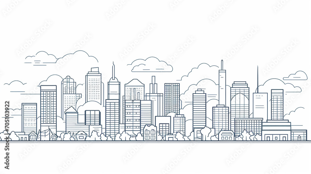 Line sketch style city panorama. Illustration of urban skyline Outline cityscape. 