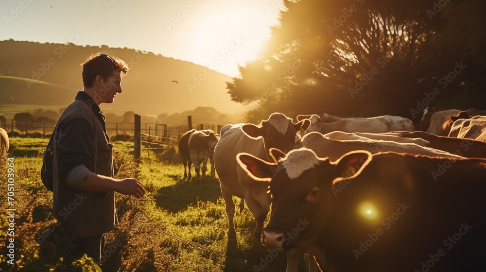 Farm, countryside and farmer with cow and field for agriculture, sustainability and farming in New Zealand. Livestock, cattle feed with man, sunshine flare and environment with beef and milk source - obrazy, fototapety, plakaty 