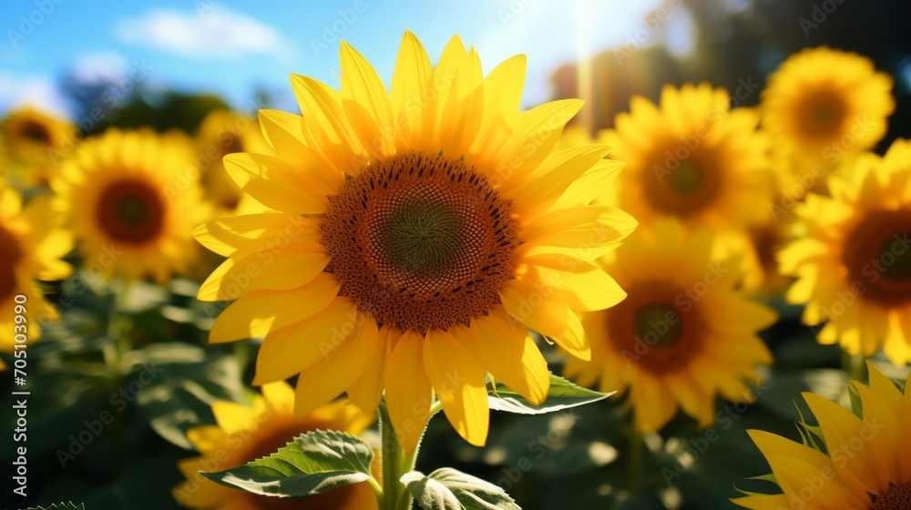 Naklejka premium Sunflower field in bloom, each flower like a beaming smile under the sun