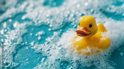 Rubber Duck Floating in Pool of Water, Fun Bath Toy Enjoying a Refreshing Splash