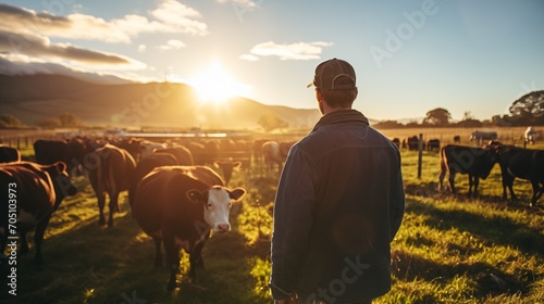 Farm  countryside and farmer with cow and field for agriculture  sustainability and farming. Livestock  cattle feed with man  sunshine flare and environment with beef and milk source 